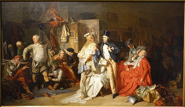 640px-Behind_the_Scenes,_by_Eduard_Grutzner,_1870,_oil_on_canvas_-_Germanisches_Nationalmuseum_-_Nuremberg,_Germany_-_DSC03298 Historisches Gemälde mit Musikern und Darsteller:innen in einem Backstage-Bereich der Oper, 18. Jahrhundert