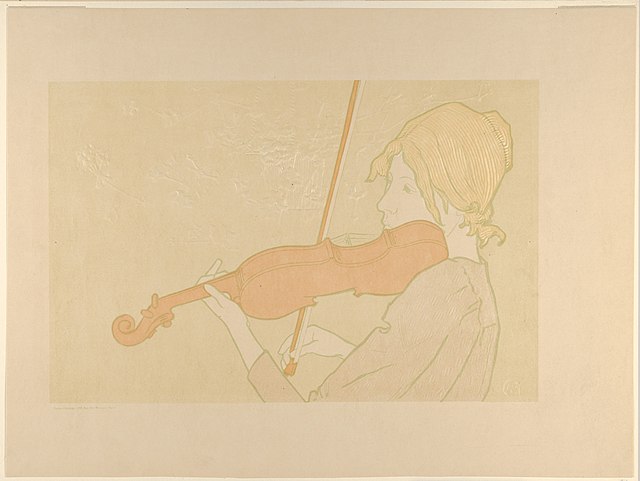Lithografie einer Geige spielenden Frau Farbige Lithografie im Jugendstil, die eine Frau im Profil zeigt, die konzentriert Geige spielt. Die Farbpalette ist in dezenten Beige- und Grüntönen gehalten, während die Geige selbst in einem zarten Terrakotta-Farbton dargestellt ist.